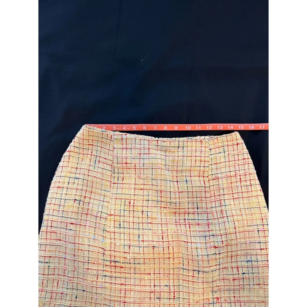 Yellow Plaid Tweed MiniSkirt Sz 10 A-Line Front Pleats Lined Vintage